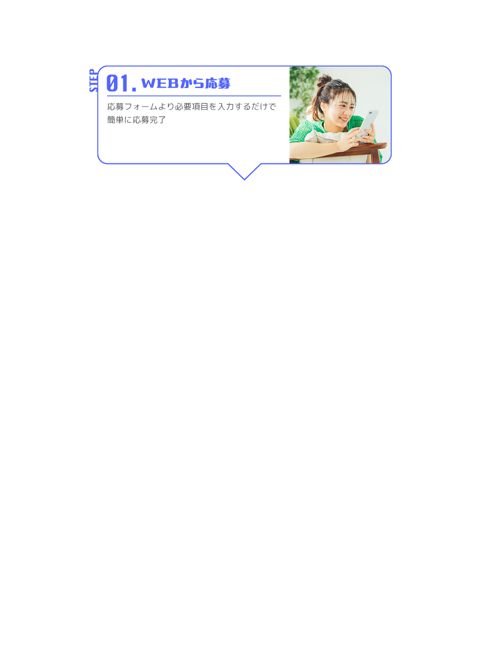 STEP 01. WEBから応募 応募フォームより必須項目を入力するだけで簡単に応募完了