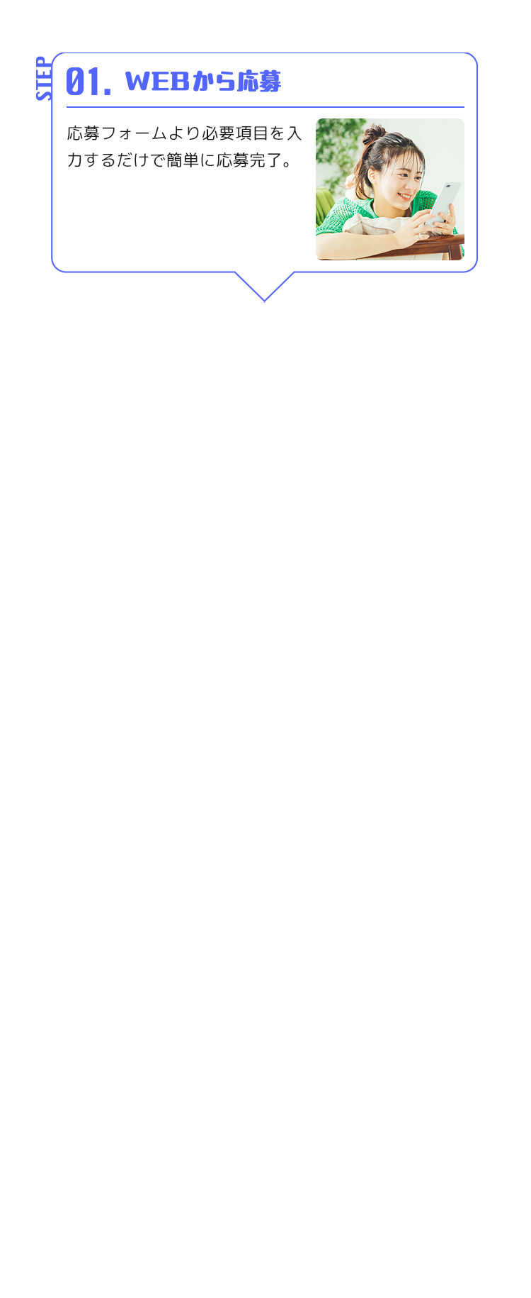 STEP 01. WEBから応募 応募フォームより必須項目を入力するだけで簡単に応募完了