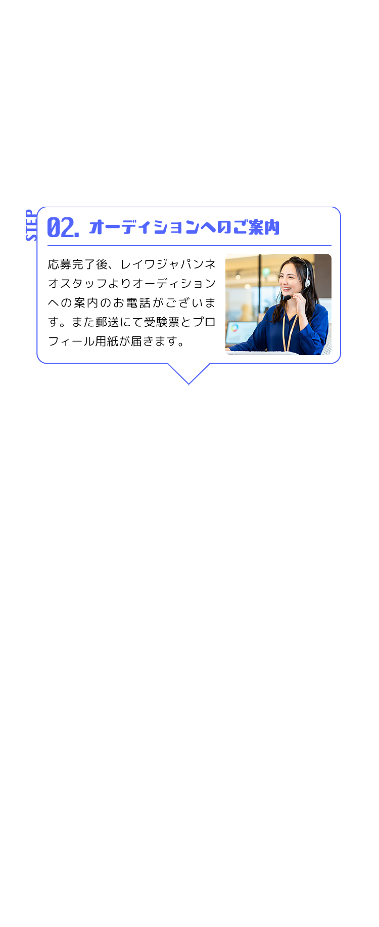 STEP 02. オーディションへのご案内 応募完了後、レイワジャパンネオスタッフよりオーディションへの案内のお電話がございます。また郵送にて受験票とプロフィール用紙が届きます。
